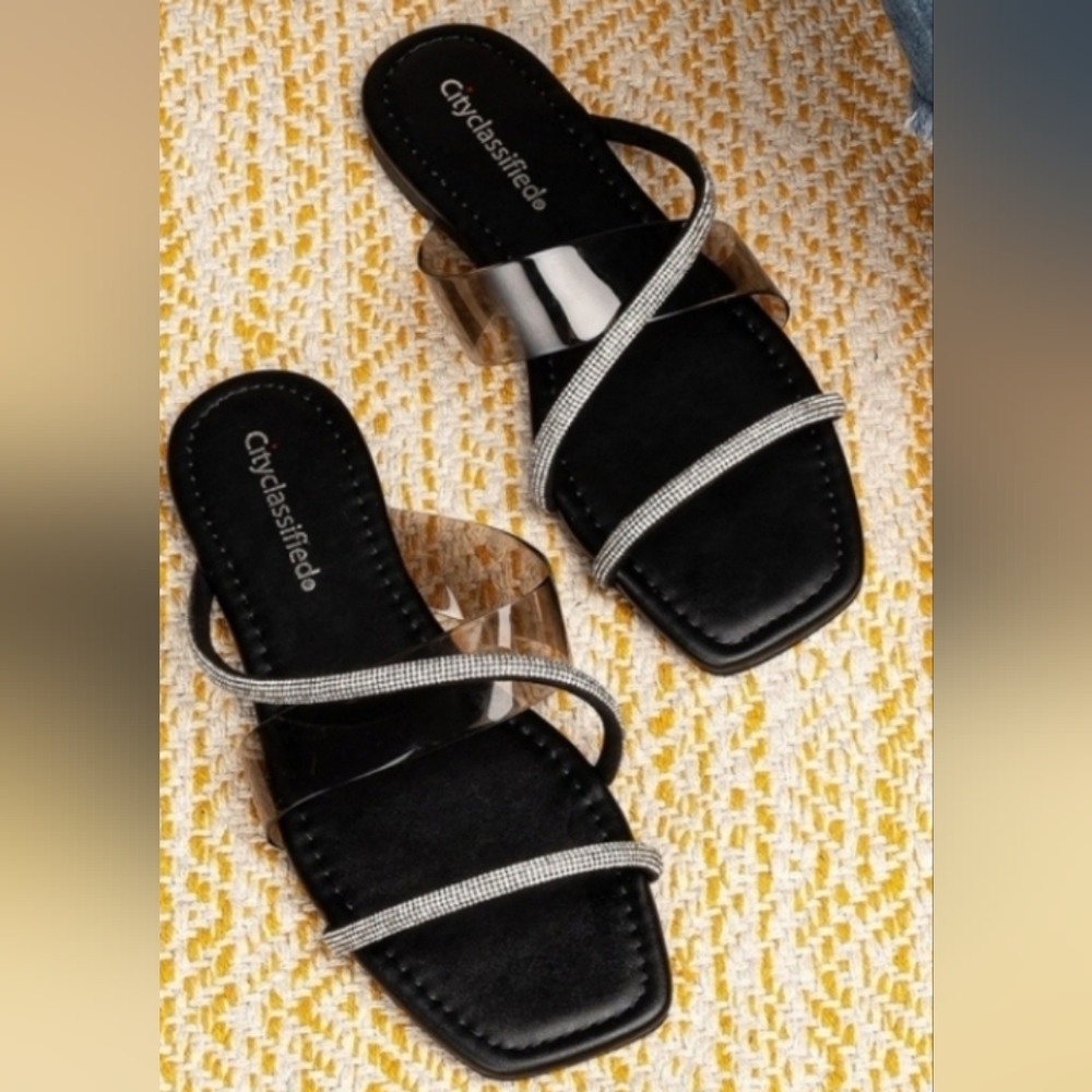 BLACK  Embellished Rhinestone Slide Sandals. Brand New!